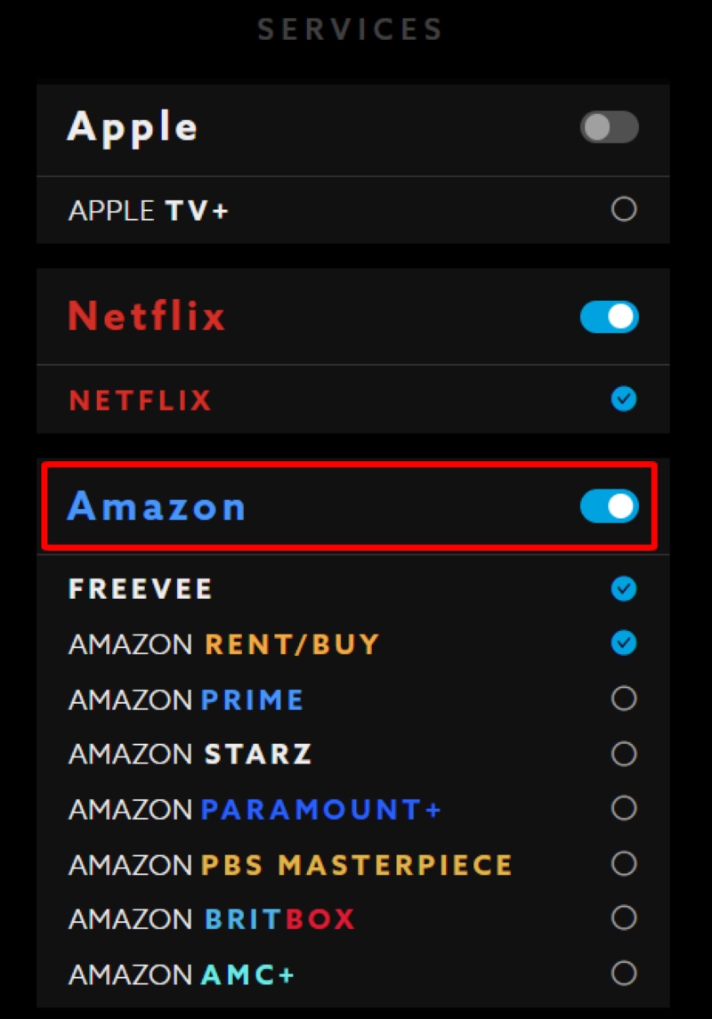 turn on Amazon in VidAngel Link Services menu