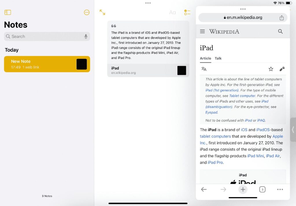 your chosen text is saved in a new note within your Notes app. a window pops up on the side of the screen, displaying where the note came from in Safari
