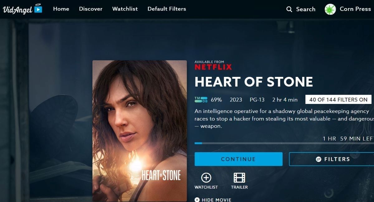 Heart of Stone movie on VidAngel with the poster showing Gal Gadot
