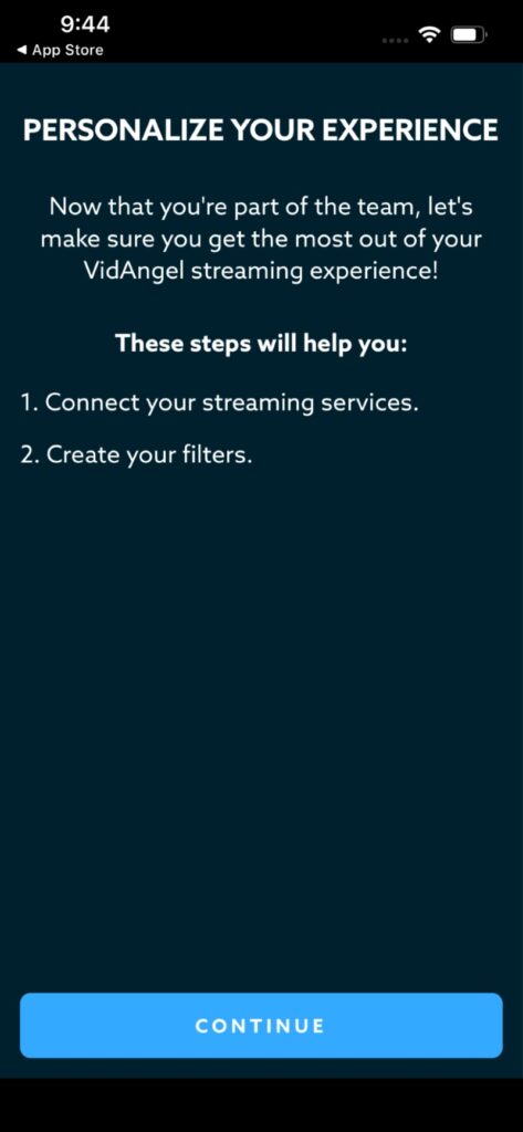 PERSONALIZE YOUR EXPERIENCE screen on VidAngel mobile app
