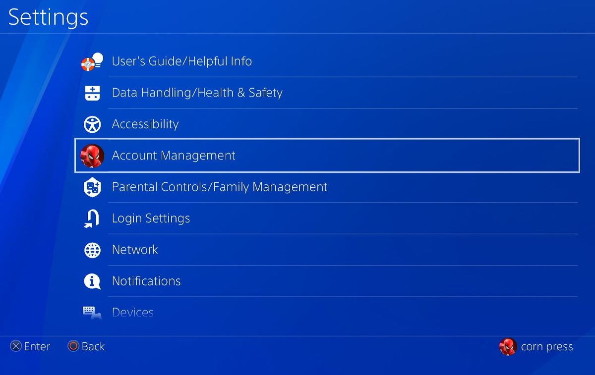 PS4 Account management from the settings menu