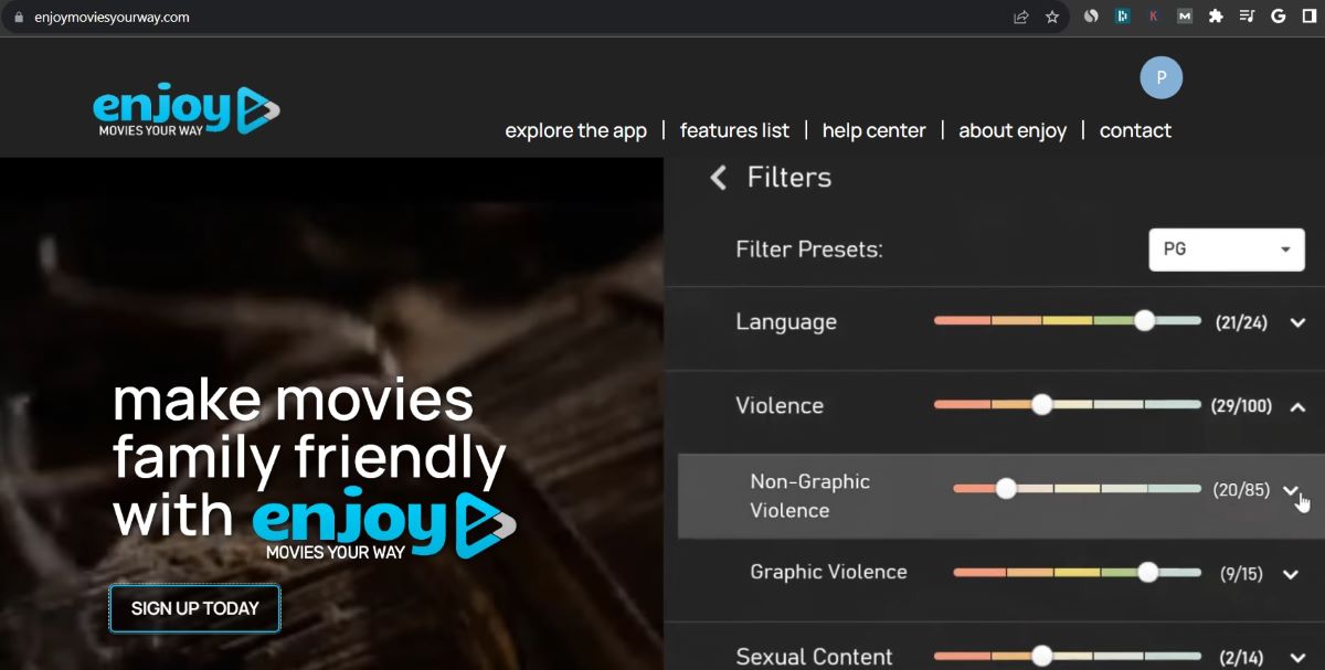 The EnjoyMoviesYourWay with the filter features on the Google Chrome browser