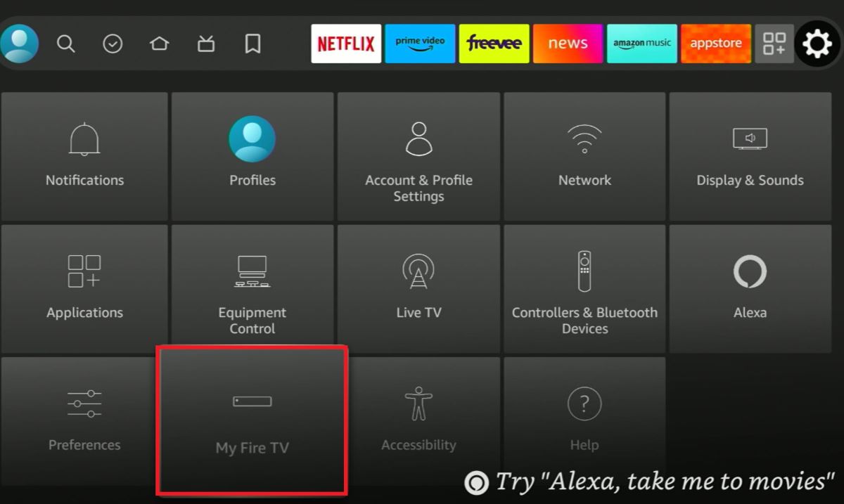 The My Fire TV option on Fire streaming device and it is highlighted with a red box