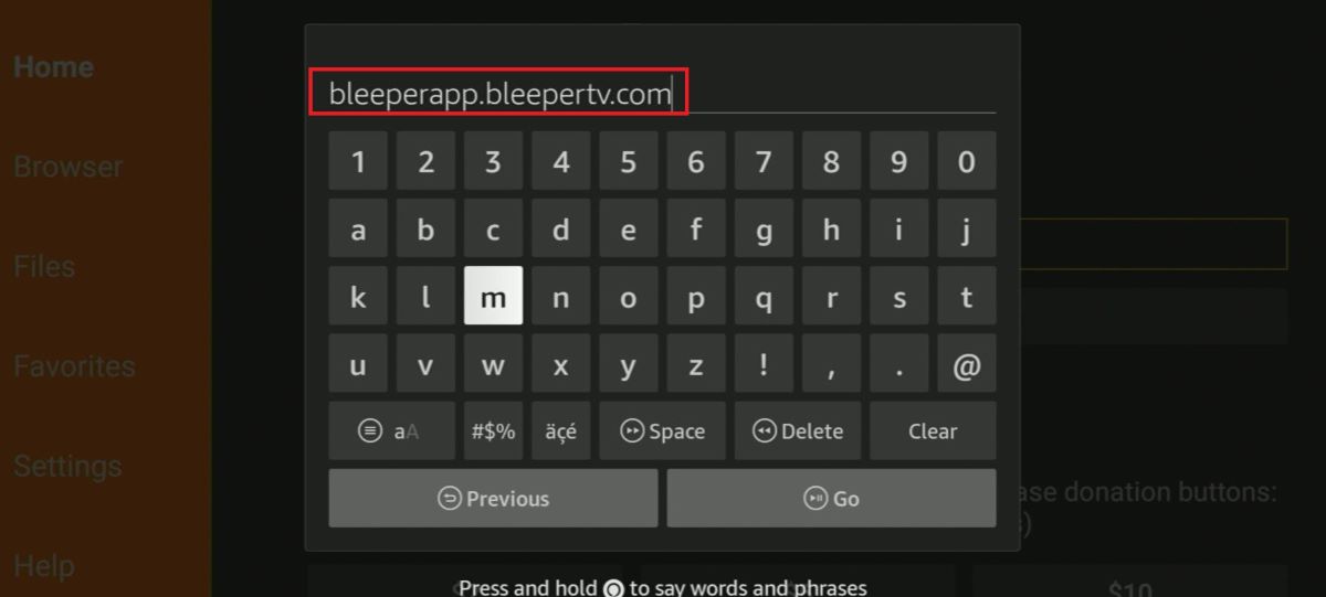 The bleeperapp with the URL is entered on the downloader app on Fire Stick