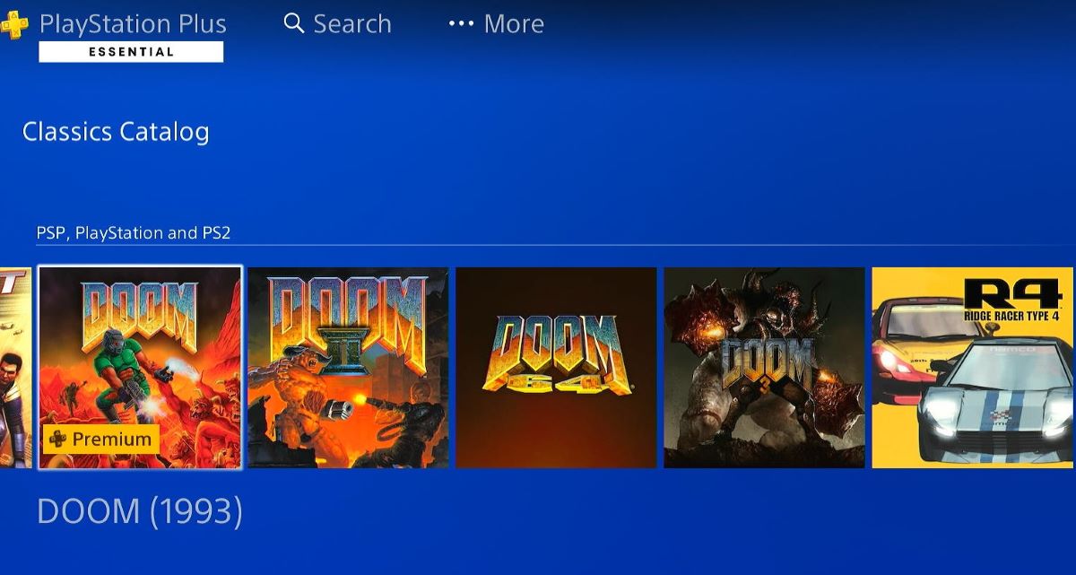 The classics game catalog on PS4 that showing games from PSP, PS1 and PS2