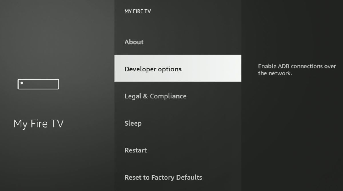 The developer options from the My Fire TV settings on Fire Stick