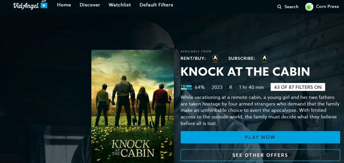 The movie name Knock at the cabin with the poster showing four characters on VidAngel