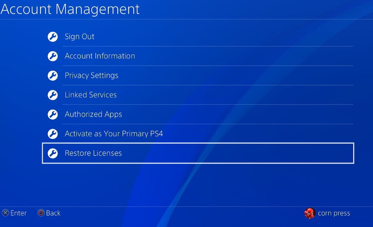 The restore licenses feature from the account management on PS4 settings
