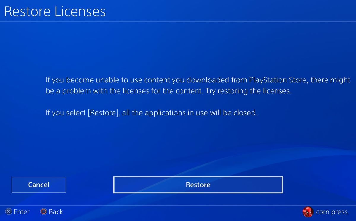 The restore licenses feature on the PS4 console