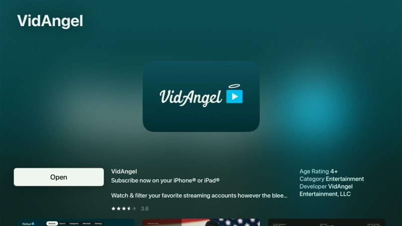 VidAngel app information screen on Apple TV