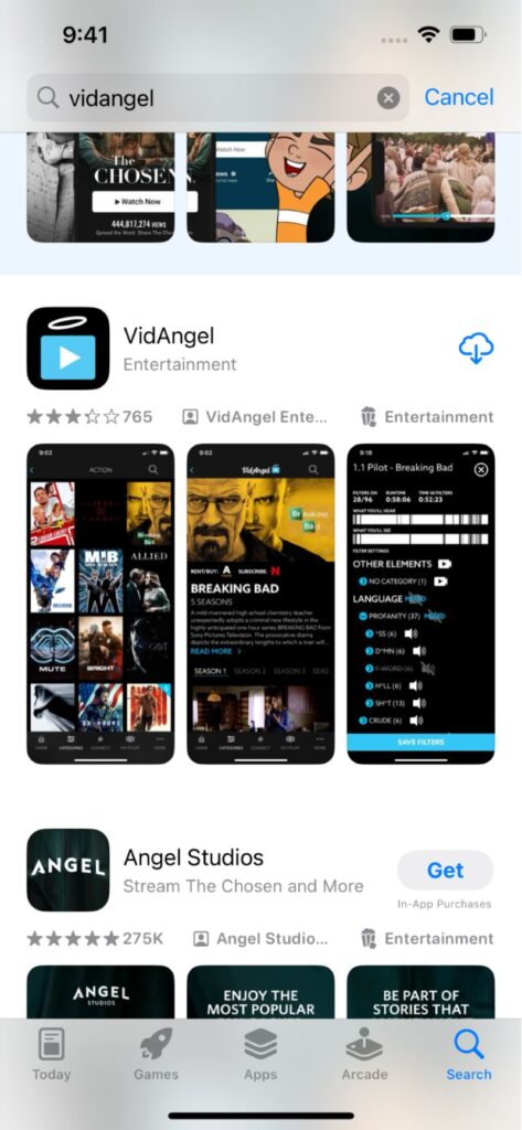 VidAngel app shown on the iPhone app store
