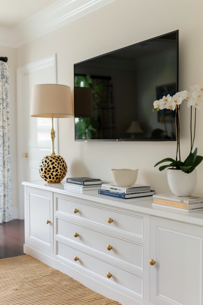a cabinet with potted plant, books, and a lamp under a mounted tv