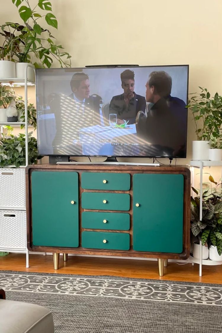 a green cabinet under a tv