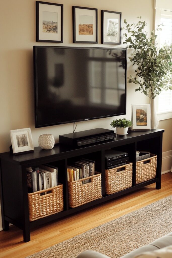 a tv stand with baskets