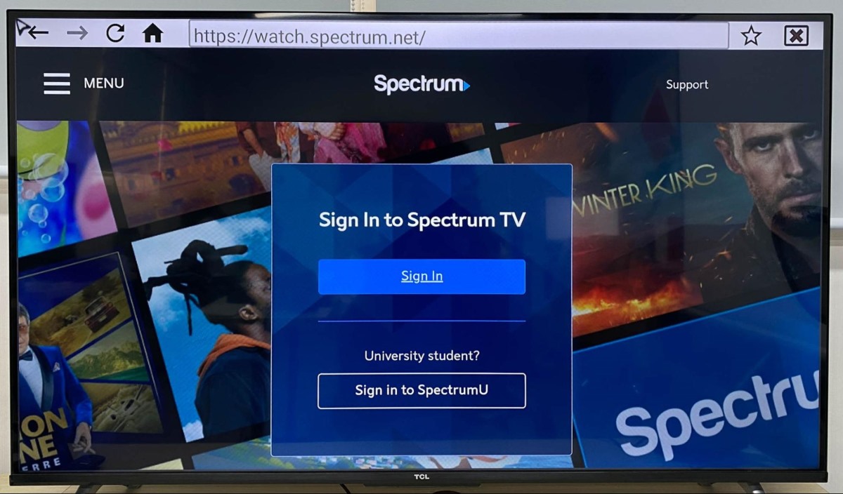 accessing Spectrum TV website on the TCL TV web browser