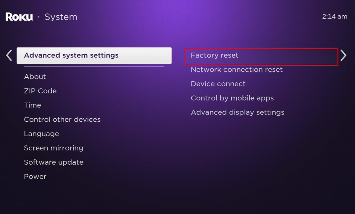 advanced system settings option is chosen, factory reset is highlighted