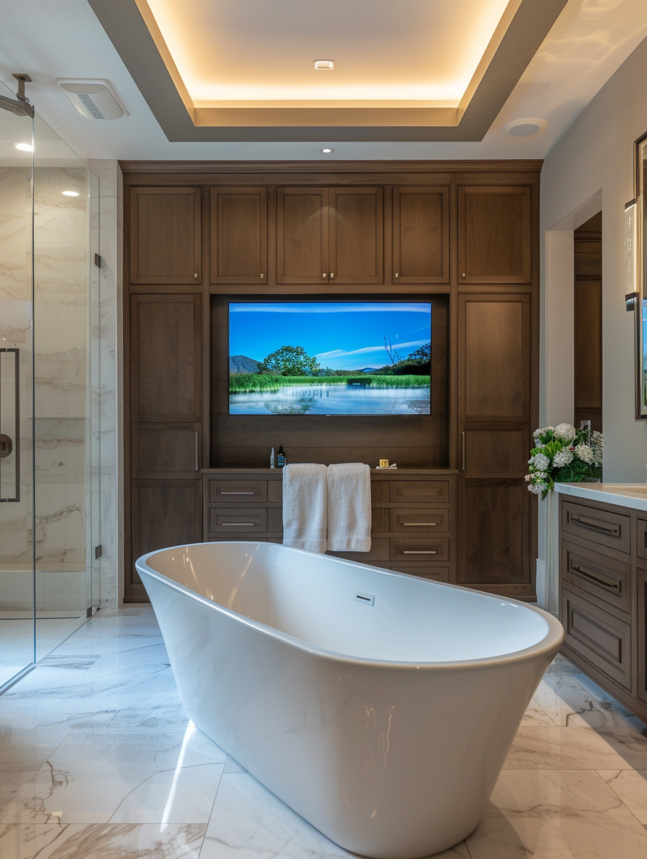 beautiful bathroom with tv