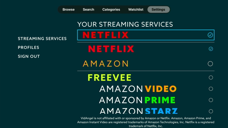 blue circled Netflix option in VidAngel Your Streaming services settings screen