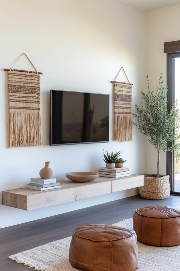 boho wall hangings on two sides of a mounted tv