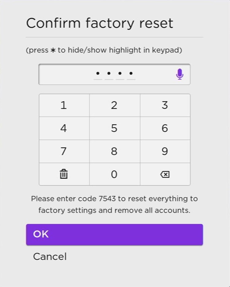 confirm factory reset a roku