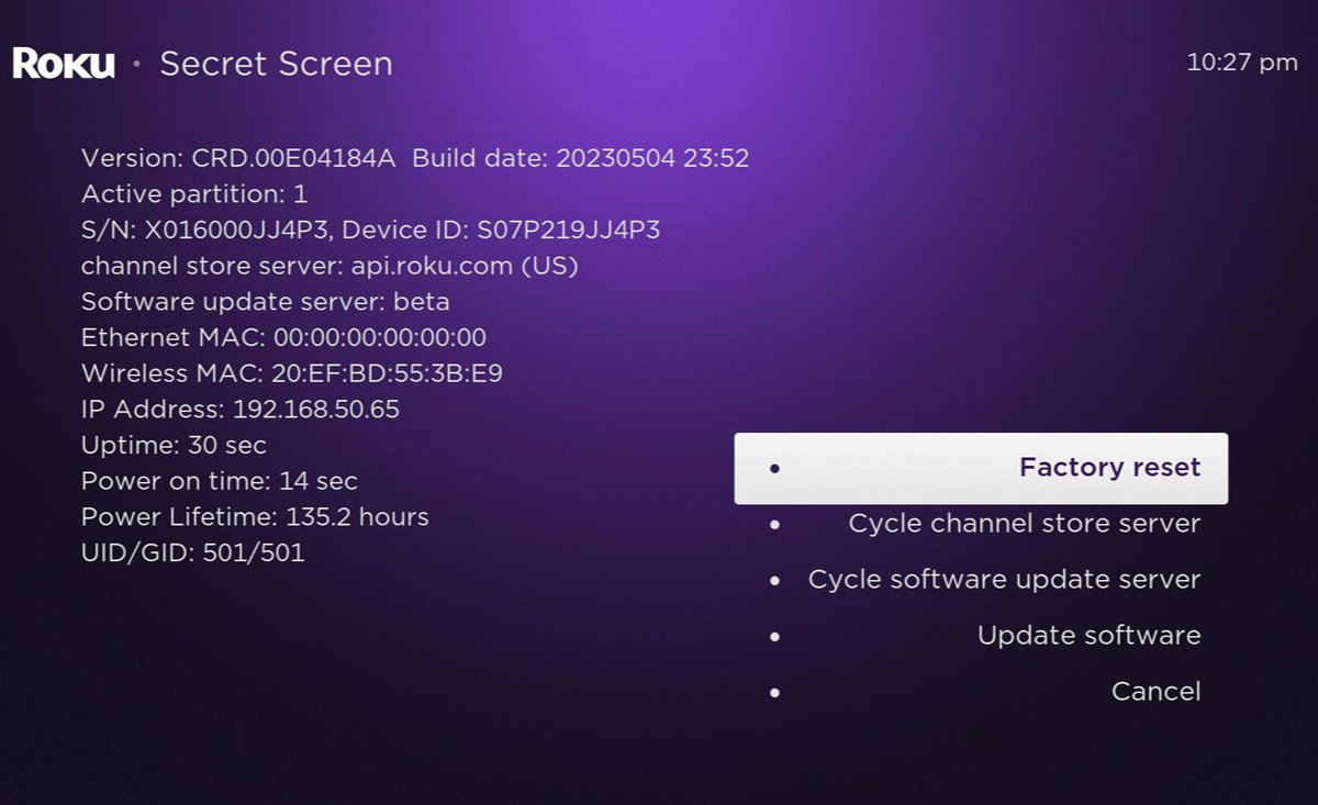 factory reset option is highlight on a roku when in the secret screen