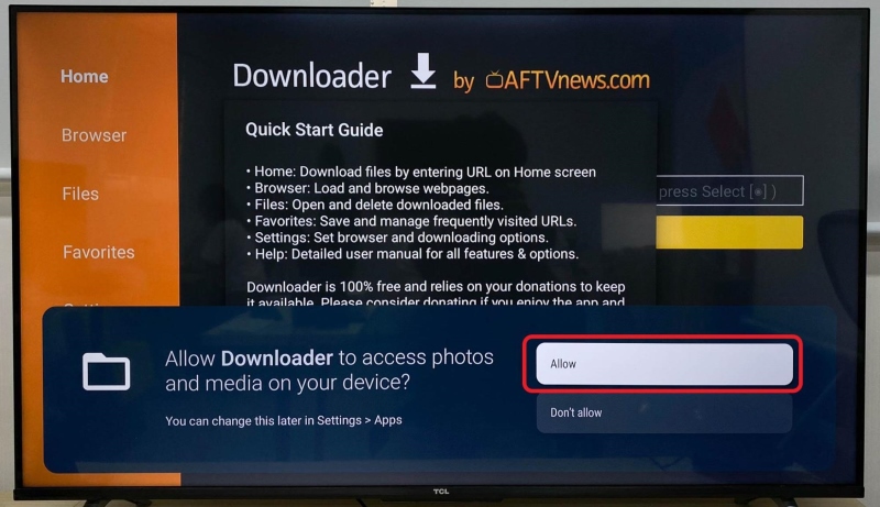highlighted Allow option to permit Downloader app to access photos and media file on TCL TV
