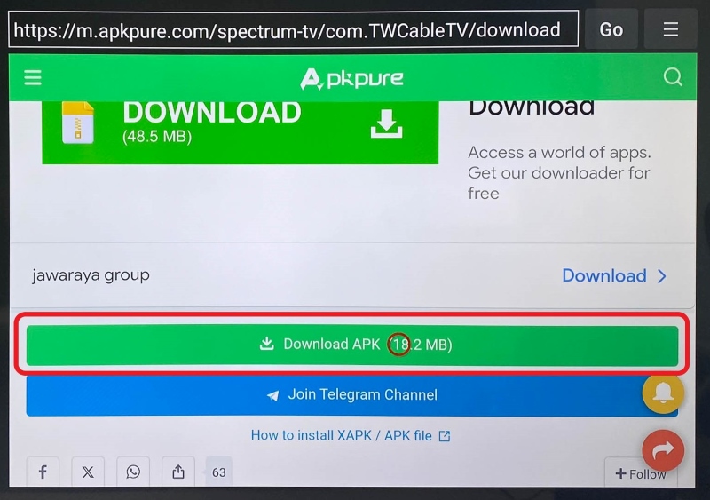 highlighted Download APK option on the APKpure website on TCL TV