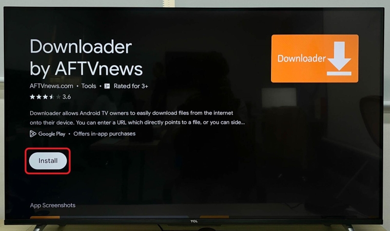 highlighted Downloader app Install option on TCL TV