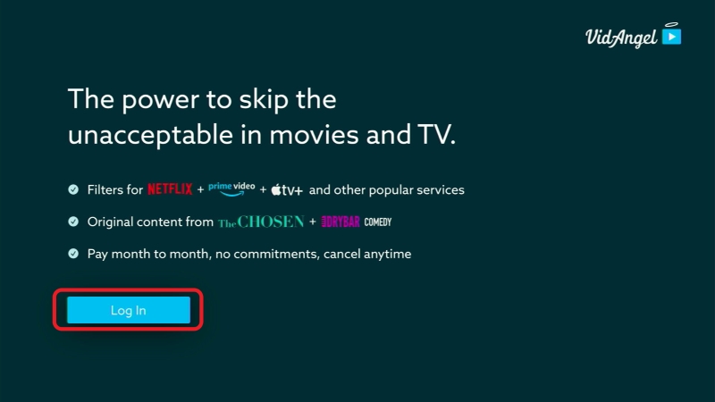 highlighted Login option on the VidAngel app