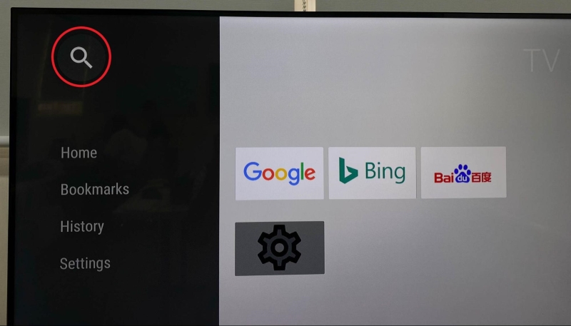highlighted Search icon on TCL TV Internet Browser