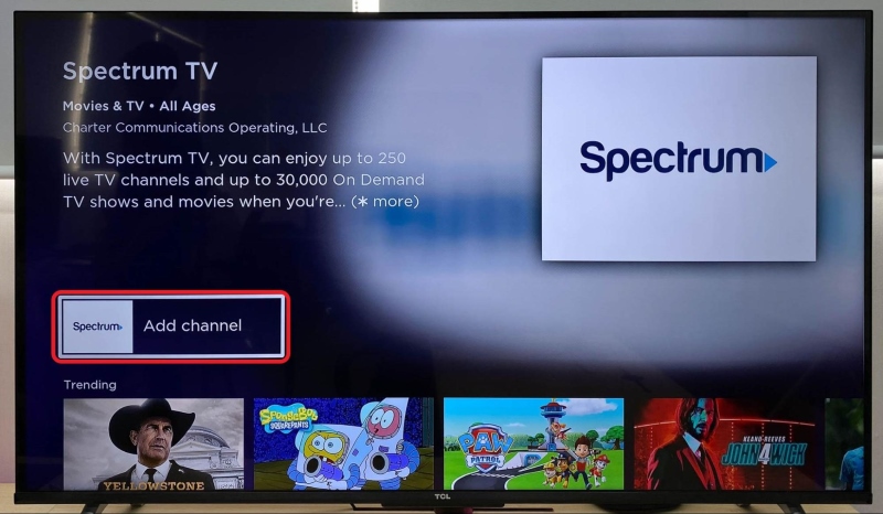 highlighted Spectrum TV Add channel option on TCL Roku TV