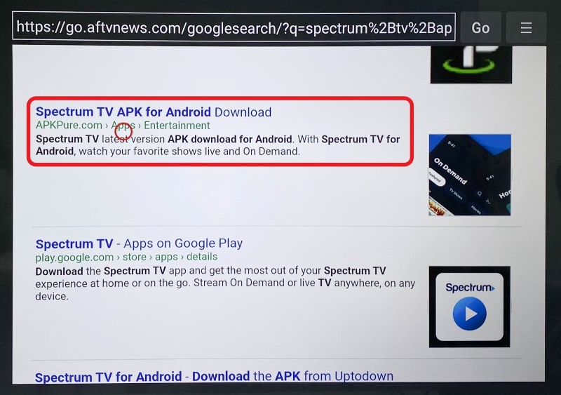 highlighted Spectrum TV apk for Android website on TCL TV