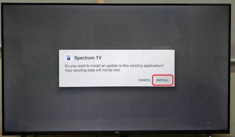 highlighted Spectrum TV app Install option on TCL TV