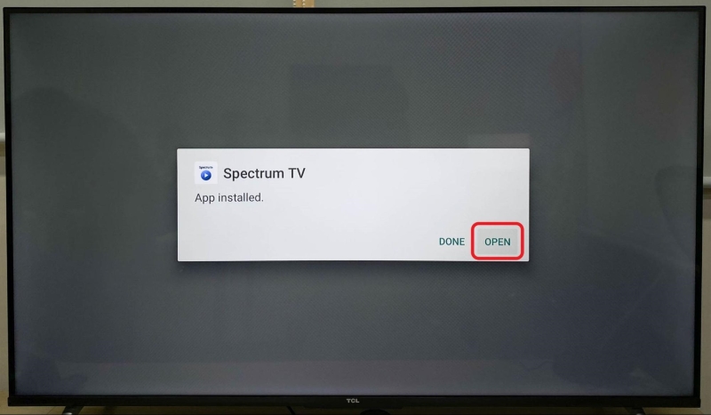 highlighted Spectrum TV app Open option on TCL TV