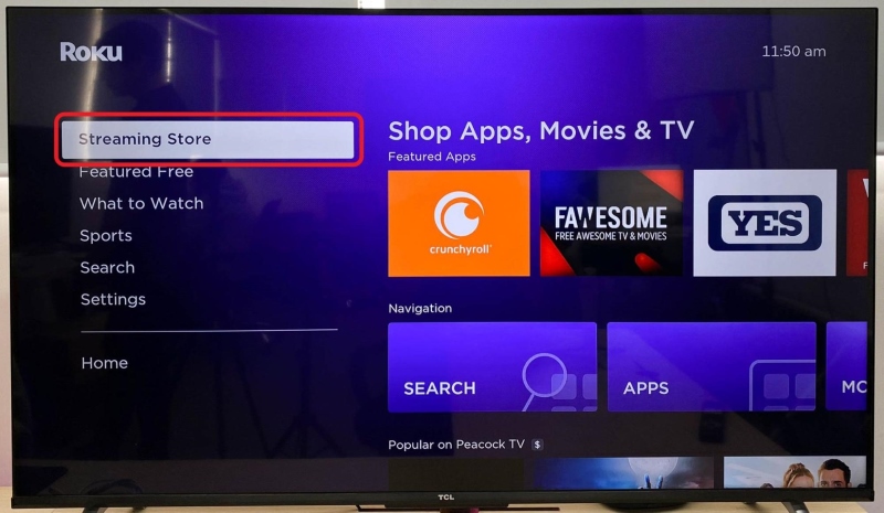highlighted Streaming Store option on TCL Roku TV