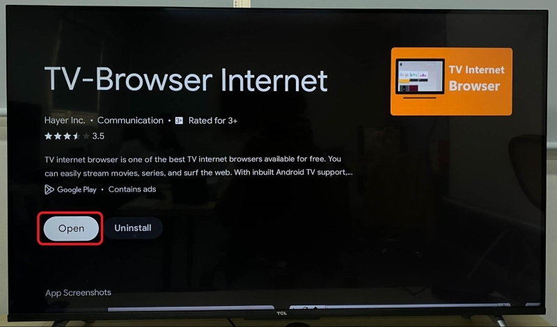 highlighted TV Browser Internet open option on TCL TV