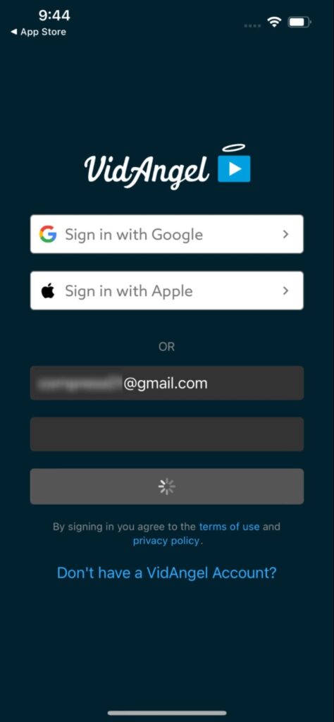 log in screen on the VidAngel mobile app