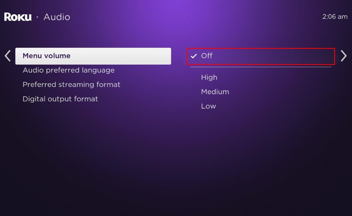 menu volume is chosen, off option is highlighted on a roku