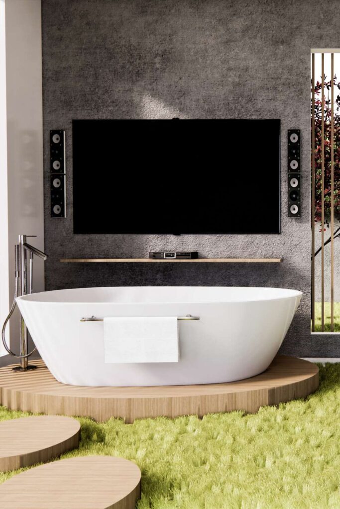 mounted tv next to the bathtub