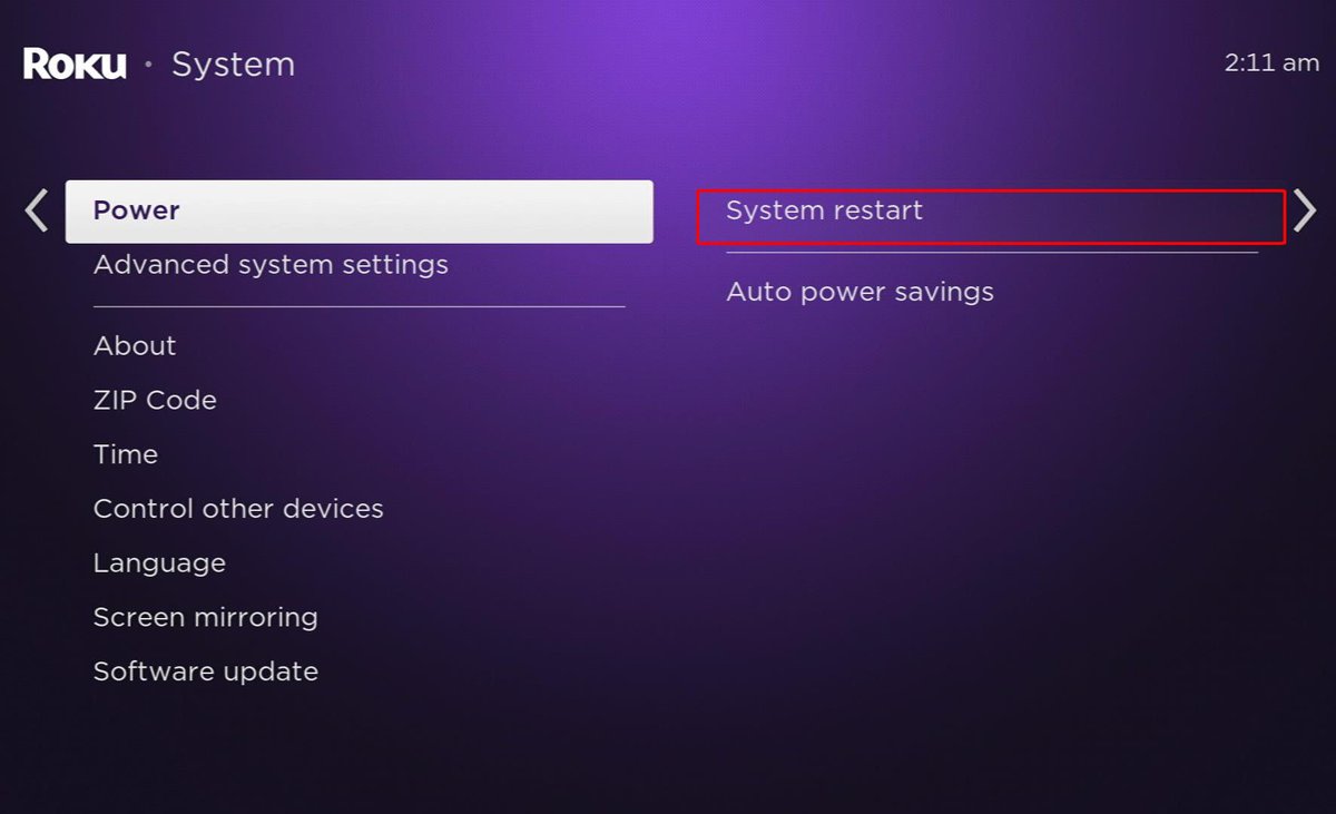 power option is chosen, system restart is highlighted on a roku
