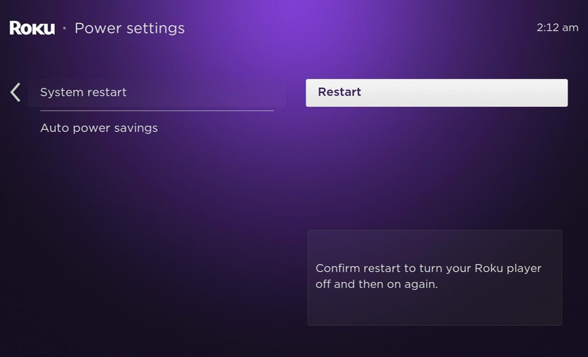 restart option is highlighted on a roku