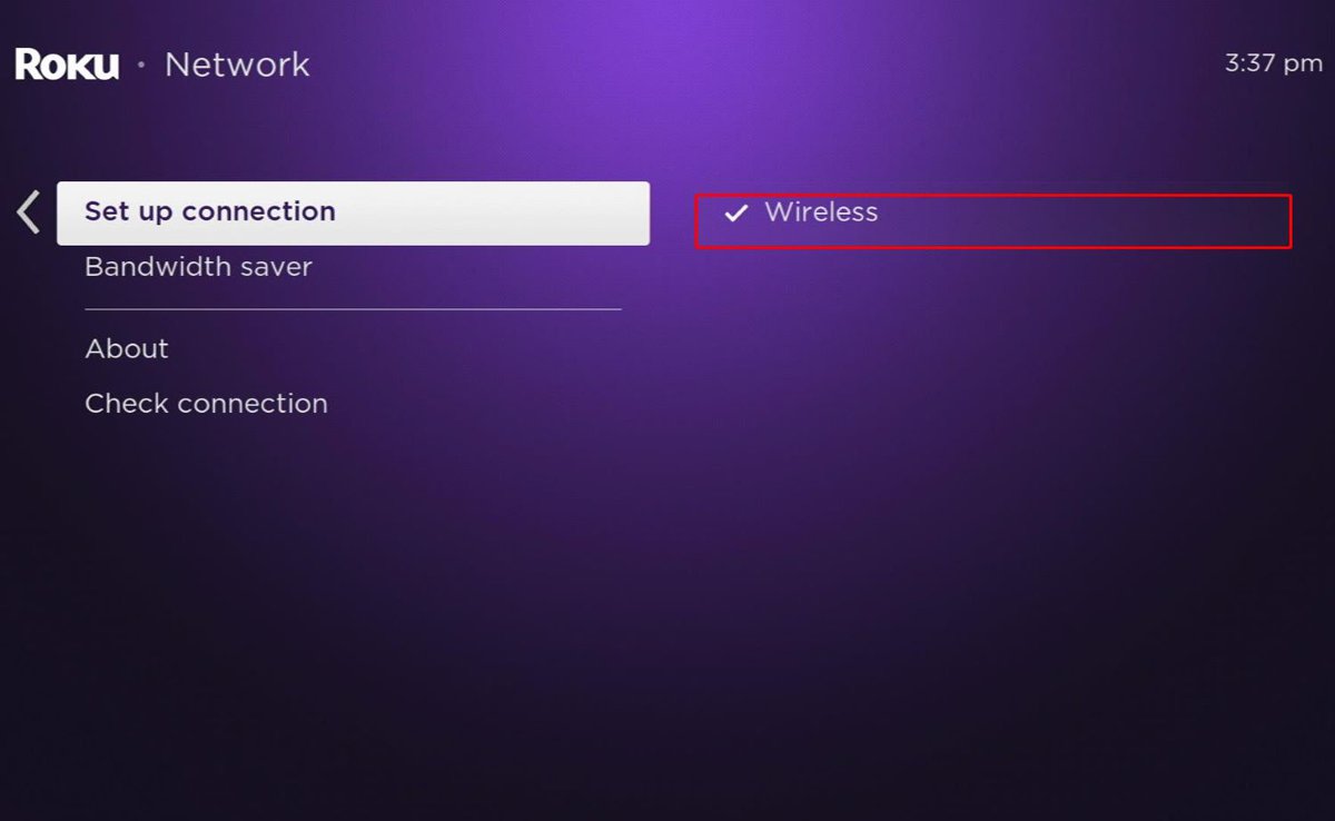 set up connection option is chosen, wireless option is highlighted