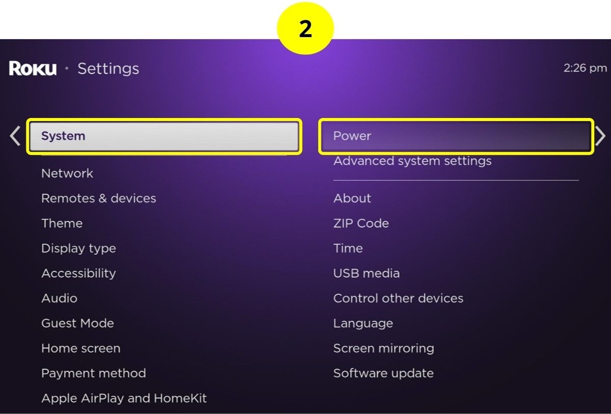 step 2 - select system, then power on roku