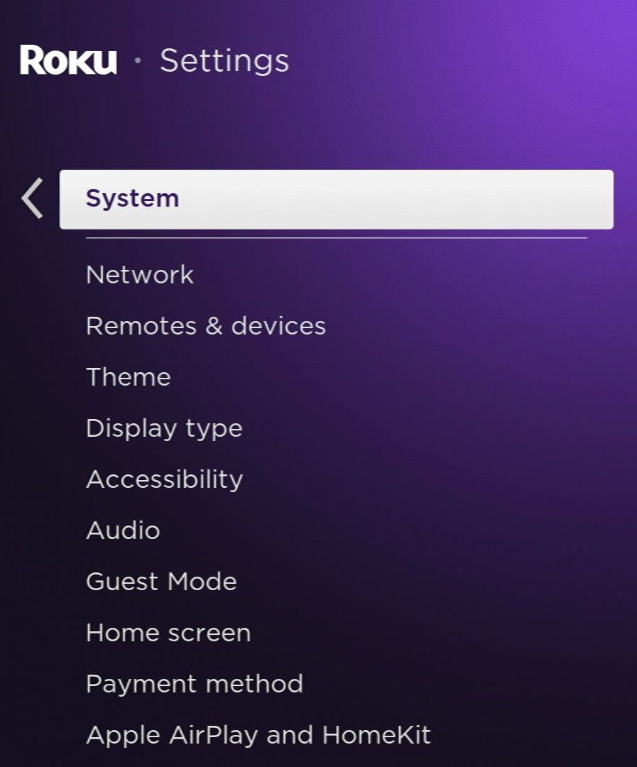 system option is highlighted on a roku