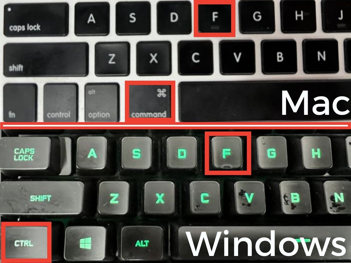 the command + f from the Mac and windows + f from the Windows