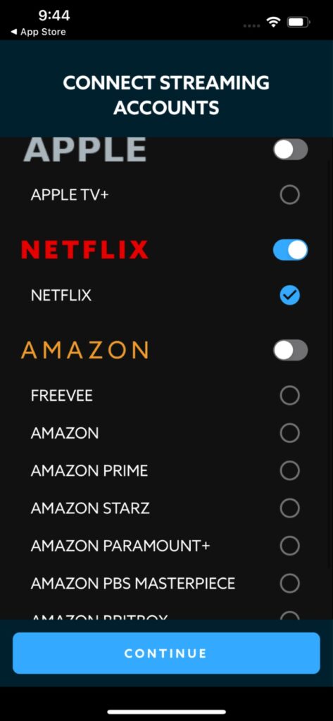 toggle Netflix on in VidAngel mobile app CONNECT STREAMING ACCOUNTS section