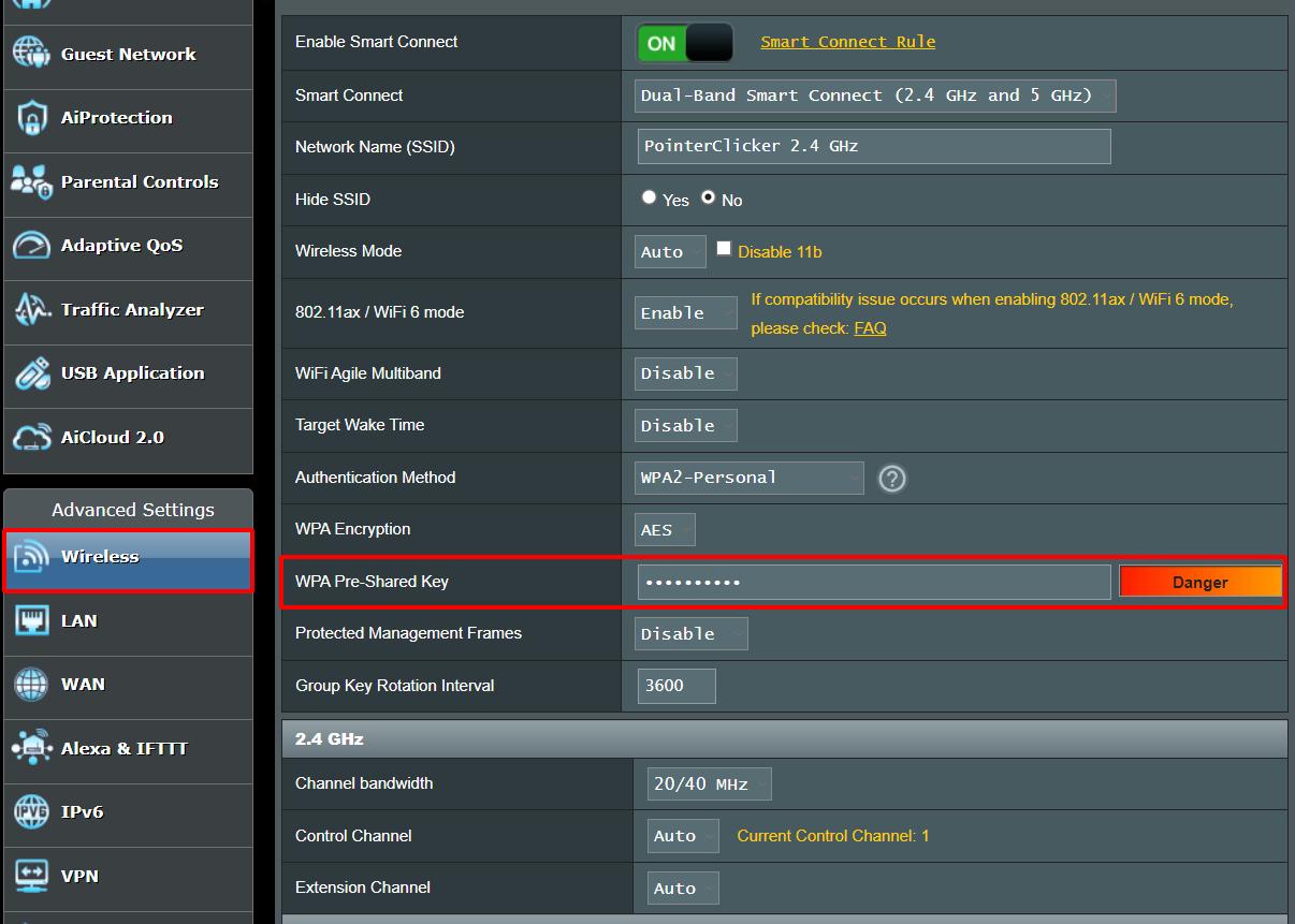 wireless and wpa pre-shared key are highlighted