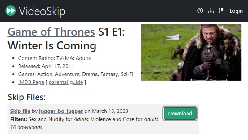 Download Skip file for Game of Thrones S1 E1 on VideoSkip