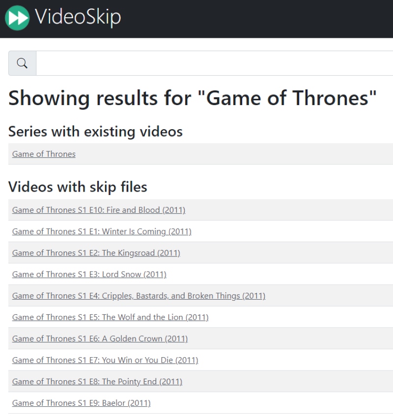 VideoSkip result screen for Game of Thrones