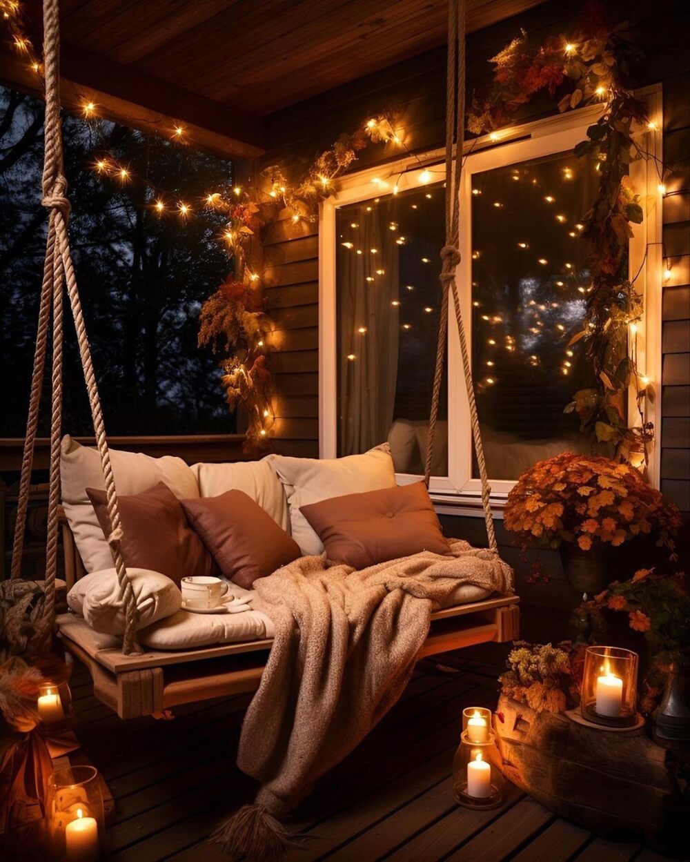 a swing filled with pillows, hung on a patio decorated with fairy lights